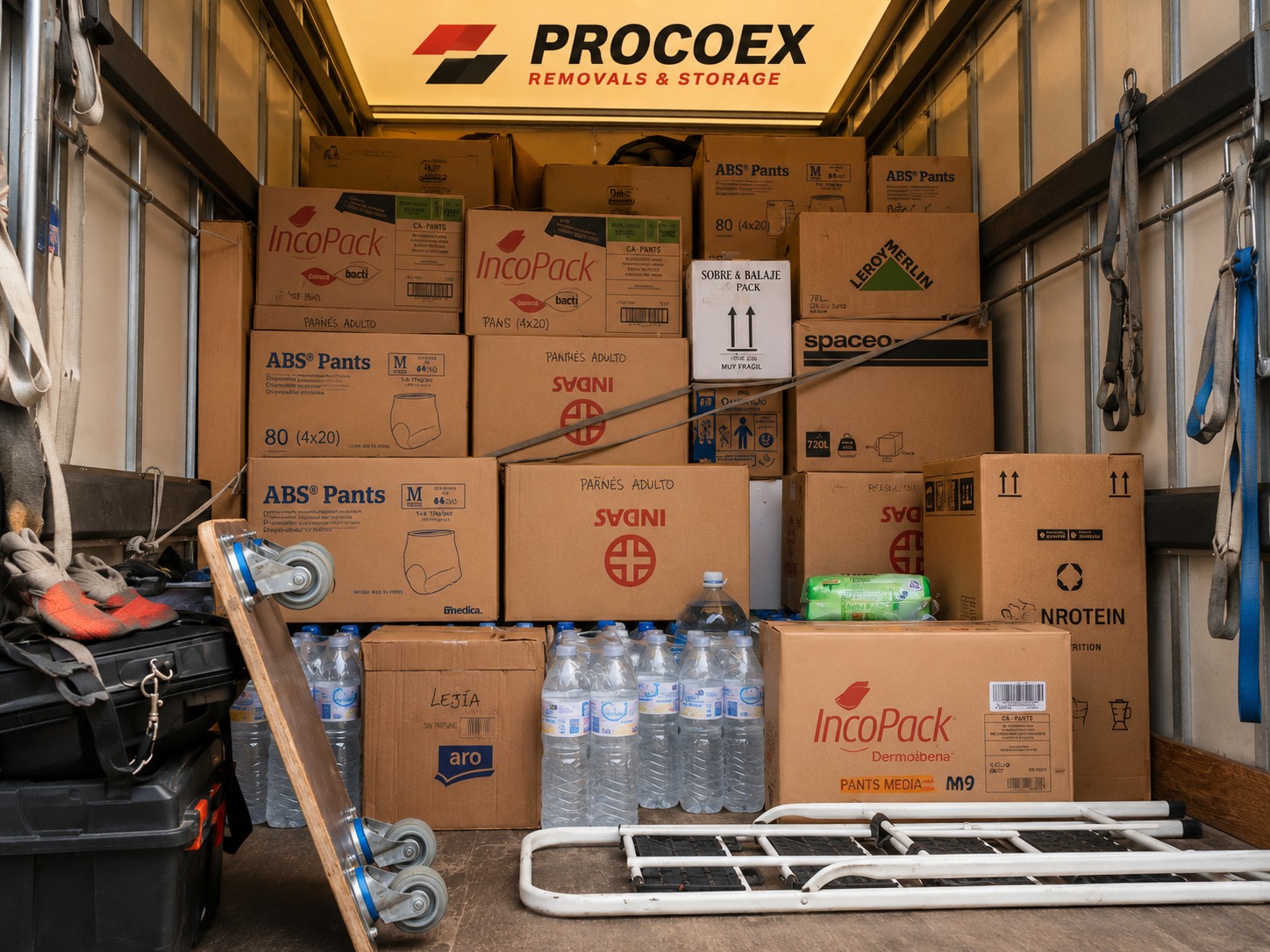Interior de un furgón Procoex cargado hasta el techo con cajas de pañales, botellas de agua, lejía y productos de higiene para las familias afectadas por la DANA