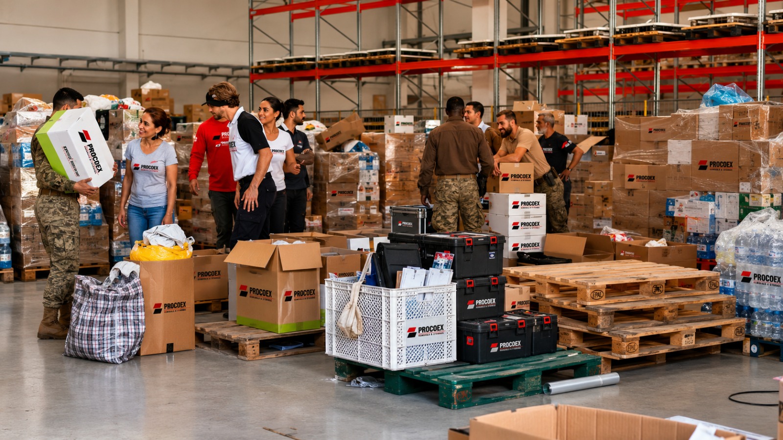 Voluntarios de Procoex trabajando codo con codo con militares del Ejército de Tierra en la clasificación y carga de material de ayuda para Valencia