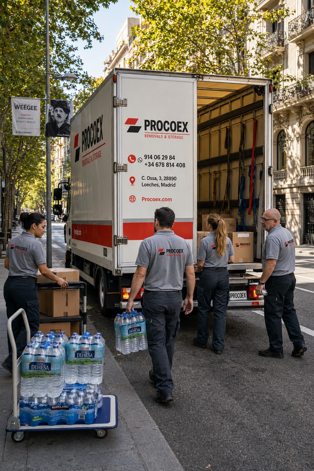 Equipo Procoex descargando garrafas de agua en una calle urbana afectada por la DANA de Valencia, reparto directo a familias sin suministro
