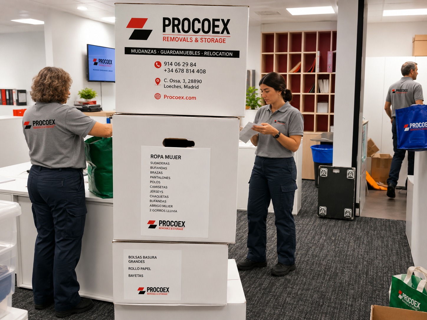 Personal de Procoex clasificando cajas de ropa de mujer, jerseys y abrigos etiquetadas manualmente para reparto ordenado a familias de Valencia