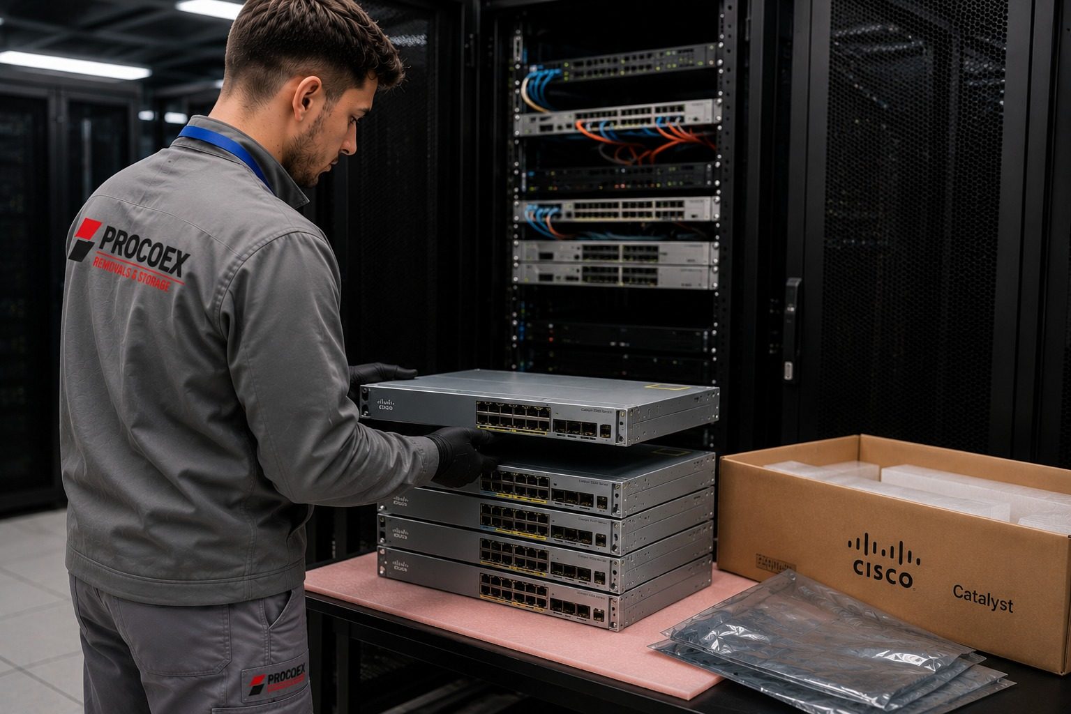 Técnico Procoex uniformado organizando switches Cisco en rack de data center Madrid