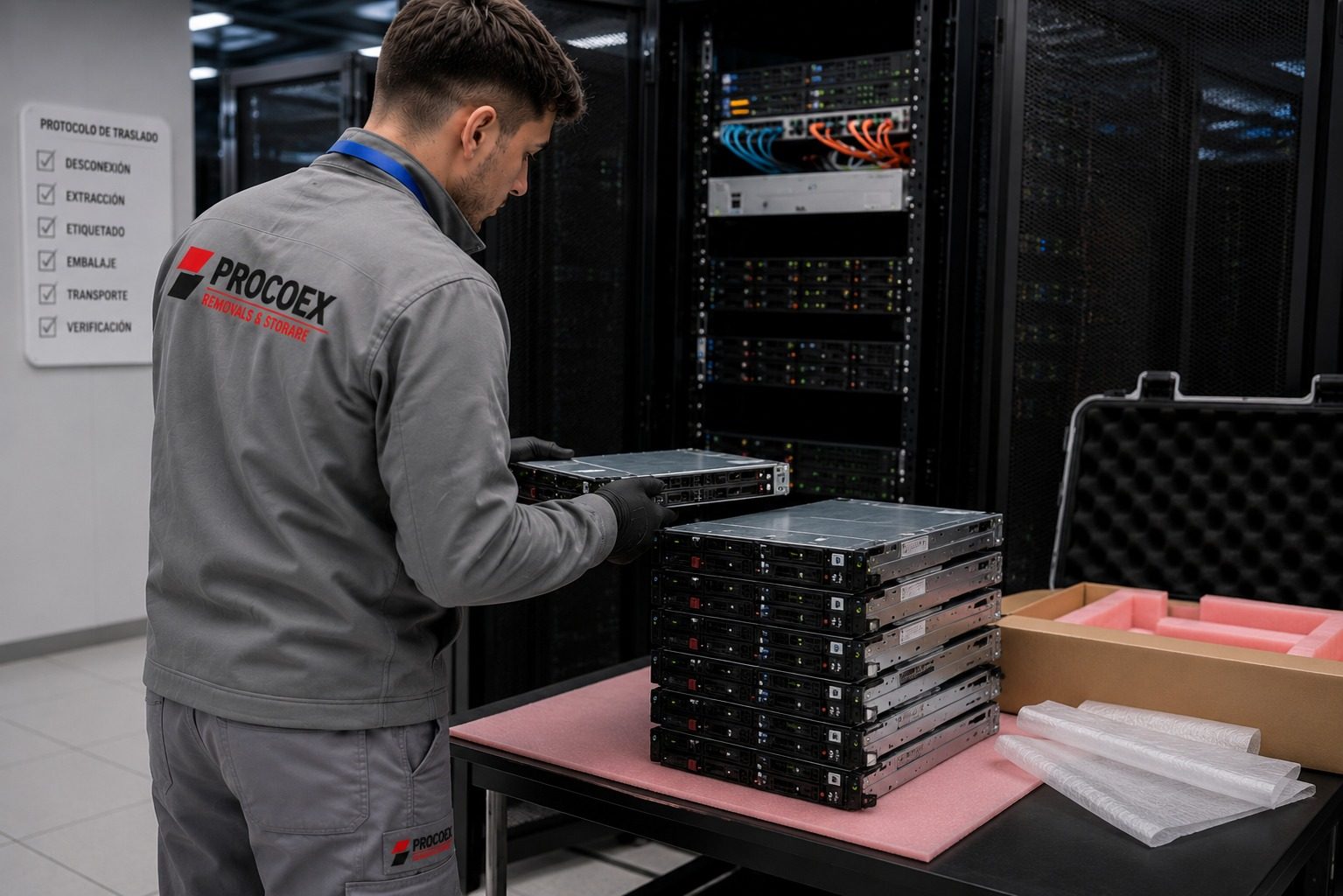 Bandeja rackable con servidores hot-swap extraída durante traslado de data center