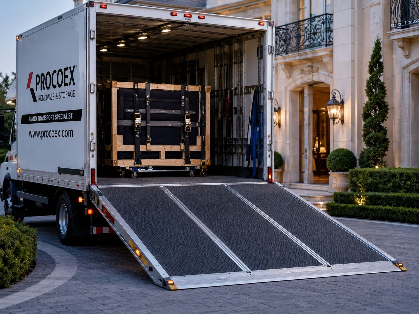 Camión Procoex Piano Transport Specialist con rampa desplegada y crate cargado