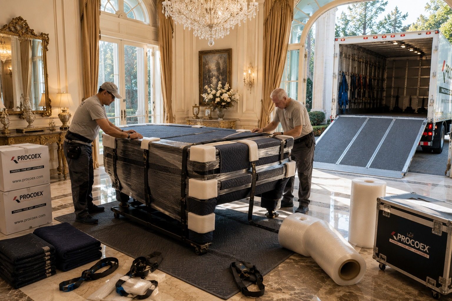 Piano de cola dentro de crate de madera Procoex preparado para carga