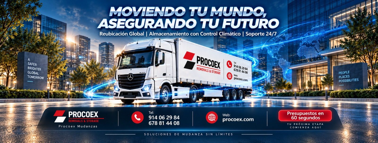Procoex Removals & Storage truck in front of an office district: global relocation, climate-controlled storage and 24/7 support — Tel. +34 914 06 29 84
